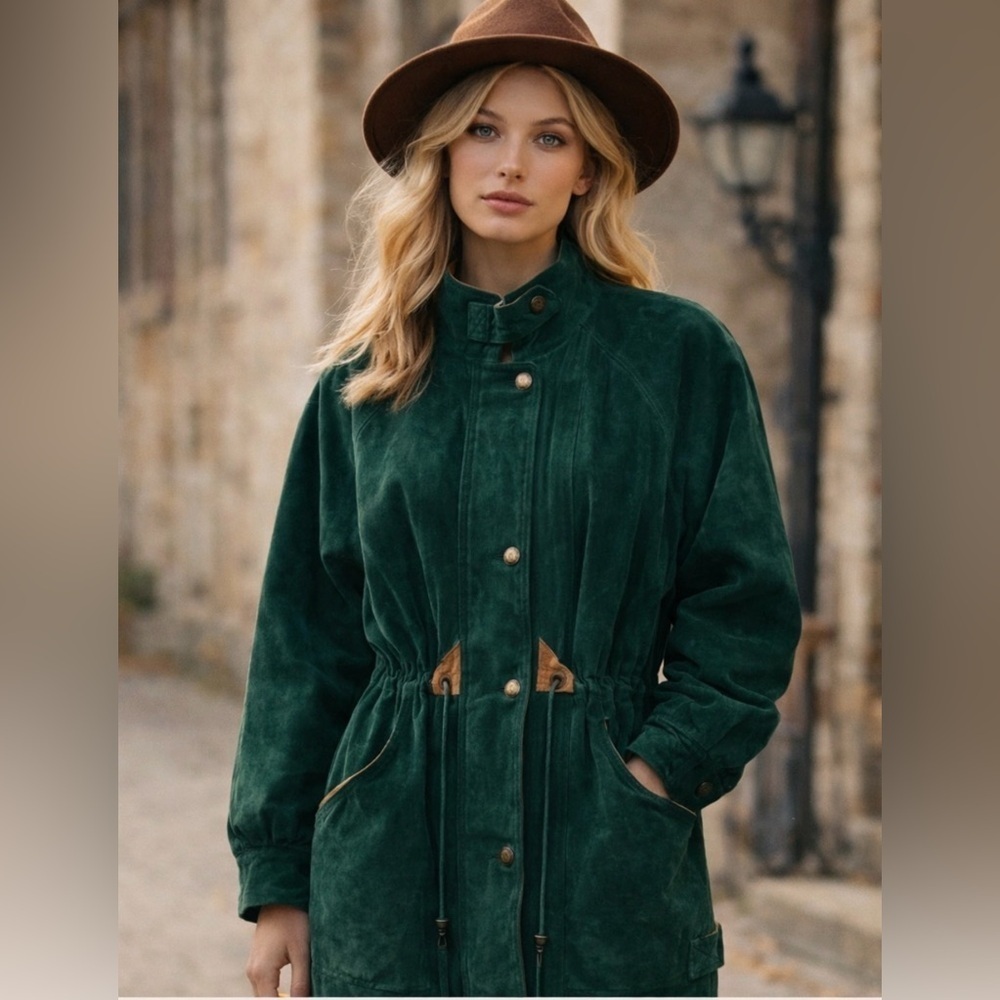 Vintage 1990s Dark Green Suede Jacket with Tan Accents Winter Fashion Coat 2X